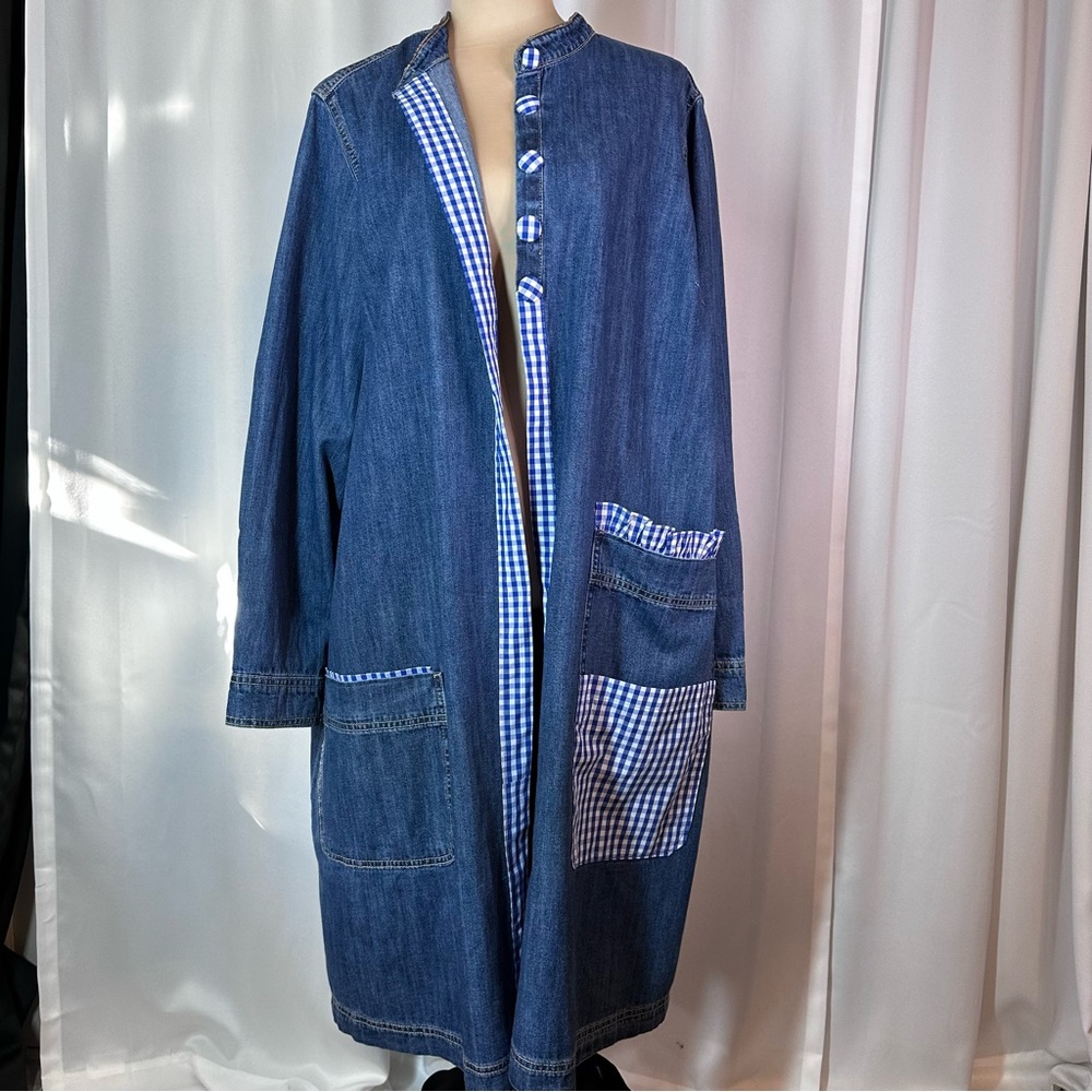 Upcycled Denim Duster Chore Open Front Jacket Sz L? Long Coat Gingham Ruffle